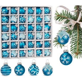 BRUBAKER 36-teiliges Set Weihnachtskugeln mit 3 cm Baumkugeln - Handbemalter Christbaumschmuck Mini Kugeln für Weihnachtsbaum und Weihnachtsdeko - Weihnachtsbaumkugeln aus Glas - Blau