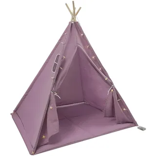 Tipi Zelt für Kinder Kinderzelt mit Bodenmatte und Lichterkette (Lila) | Faltbares Spielzelt aus Baumwolle mit Lichterkette Spielhaus für drinnen & draußen 120 * 120 * 140cm
