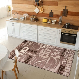 VIMODA Küchenteppich Teppichläufer Coffee Modern Kaffee Design in Braun Beige Teppich für Lounge oder Küche, Maße:120x170 cm
