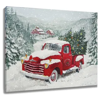 LB Wandbilder Winter Schneewald Poster Grüner Weihnachtsbaum auf Bauernhaus Roter LKW Wanddruck Rustikaler Berg Leinwand Bilder für Wohnzimmer Schlafzimmer Badezimmer Wand Deko,60x40cm Ungerahmt