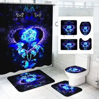 SMchwbc 4Pcs Rose Duschvorhänge Set Blumen Dusche Vorhang Set Mit Teppichen 4-teiliges, Rose Flower Regentropfen-Duschvorhang Rosa Blümchen Shower Curtains wasserdichter (200 x 200 cm(BxH),7)