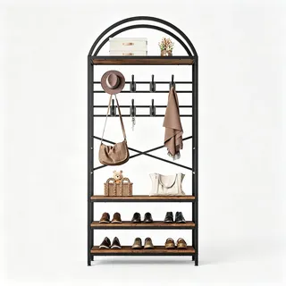 GarveeHome Garderobenständer 80 cm 3 Ebenen 16 Haken Holz Metall Vintage | Freistehend, Platzsparend, Mehrere Haken, Sitzfläche, Dekorativ