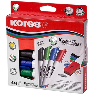 Kores - K-Marker XW2: Bunte Whiteboard Marker mit Keilspitze, trocken abwischbar und nahezu geruchslose Tinte, Schul- und Bürobedarf, Set aus 4 Sortierten Farben + 1 Magnetischen Löschschwamm