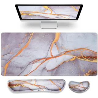 Gimars 3-in-1 XXL Gaming Mauspad mit Gelkissen, Ergonomisches Handballenauflage Tastatur, 800 x 305 mm Mousepad Tischunterlage, Gaming Zubehör Wrist Rest für PC, MacBook, Laptop, Grau Golden