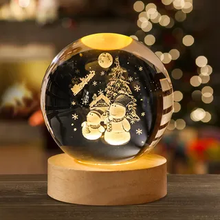 Weihnachtsdeko Kristall Weihnachtskugeln Mit LED Kristallkugel Mit Holz Deko Figuren, Schneemann Beleuchtet Personalisiertes Geschenk Für Weihnachten Deko, Frauen, Kinder, Geburtstag (Schneemann,8cm)