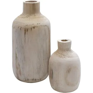 Holz Blumenvase 2er Set mit bauchiger Form - je 1x 18 cm und 28 cm - Flasche Holzvase naturbelassen - Tischdeko Fensterdeko für Kunstpflanzen und