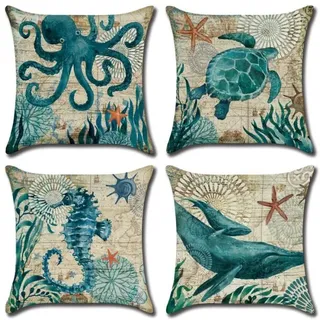 4 Kissenbezüge 45x45 Cm Aus Bedrucktem Leinen-baumwoll-stoff Mit Ozeanmotiv, Motive: Oktopus, Wal, Schildkröte, Für Bett, Sofa, Auto