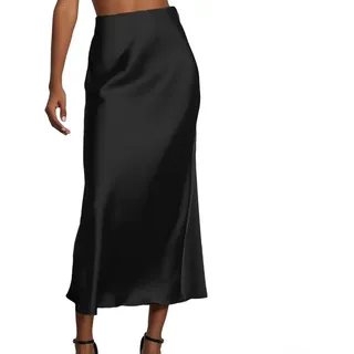Damen Satinrock Hohe Taille Seide Einfarbig Röcke Übergröße A-Linie für Midi Reißverschluss Fischschwanz Röcke für Job Party Hohe Taille Meerjungfrau Rock Eleganter Satin Maxirock (XS Schwarz)