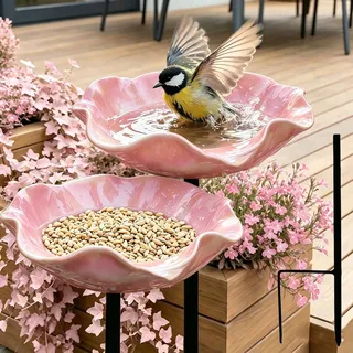 Vogeltränke Blume, Bienentränke Keramik mit Bodensteckdose - Bienentränke Gartenstecker & Insektentränke, Wasserschale und Vogelfutterstelle, Dekorative Keramikblüten Blumenstecker (D2)