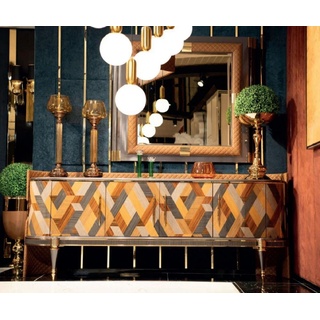 Casa Padrino Luxus Art Deco Möbel Set Mehrfarbig / Braun / Grau / Gold - 1 Luxus Art Deco Sideboard mit 4 Türen & 1 Luxus Art Deco Spiegel - Luxus Art Deco Möbel
