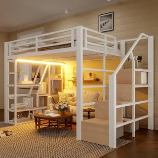 Hochbett, 140 x 200 cm, Eisenrahmen, Ablagefach, integrierte Stufen, Schutzgeländer, Leiter, mit LED-Lichtleiste, offener Stauraum unter dem Bett,... - Weiß