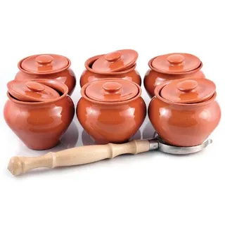 Auflaufförmchen aus Steinzeug mit Deckel (6er Set) & 1 Ofengabel - 500 ml - Tontöpfe zum Kochen, Dutch Oven Topf mit Deckel, Kochtopf, Steingut-Topf, Suppentopf mit Deckel, Steingut Reistöpfe Kleine