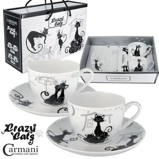 CARMANI - Schick Tee-Tasse und Untertasse Satz von 2 mit 'Verrückte Katzen' 200ml