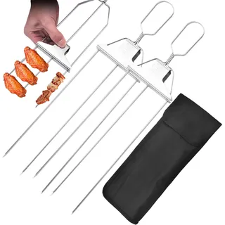 Firulab Halbautomatische Grillgabel aus Edelstahl, 3 Way Grill Skewers Grillspieße Wiederverwendbare Metall Grill Spieße mit Bürste, Grillenzubehör