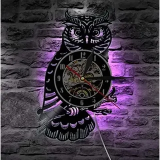 Eulen-wanduhr, Eulen-schallplatten-wanduhr Mit Led-beleuchtung, Leuchtende Wohnzimmer-dekoration, Geschenkidee