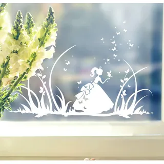 ilka parey wandtattoo-welt® Fensterbilder Kinder Frühling Kinderzimmer Prinzessin Schmetterlinge Wiese M1368f (weiß)
