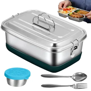 Edelstahl Brotdose 2000ML, Doppelte Metall Lunchbox mit 3 Fächern, Auslaufsichere Brotdose mit Dichtungsring, für Schule, Büro & Picknick, Langlebige tragbare Brotzeitdose für Kinder/Erwachsene