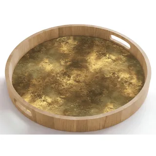 OnlyWow Tablett Rund mit Henkel Antik - Metallic-Look - Gold, Eichenholz, (1-tlg), Servierbrett Groß, Tischdeko, Platte, Tisch Deko 50 cm x 50 cm x 5 cm