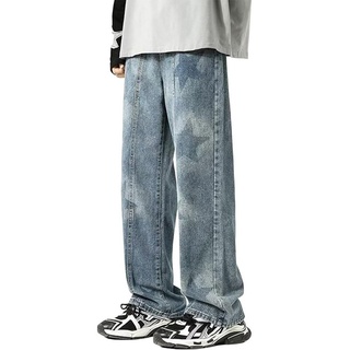 FIDDY Baukastenhose Herren-Jeans im Retro-Stern-Print mit geradem Bein und weitem Bein L