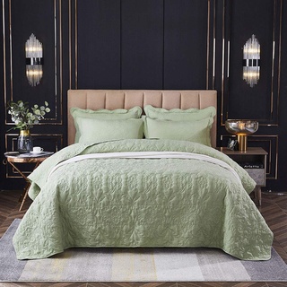 Einfarbige Quilt-Tagesdecken-Set, Baumwolle, Vintage-Patchwork-Tagesdecke, wendbare Gesteppte Überwürfe, Bettdecken mit 2 Kissenbezügen, Doppelbett, Super-King-Size-Bett, Grün, 220 x 240