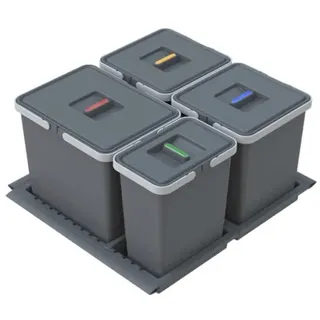 Abfalltrenner Set METROPOLIS, für Schubladen mit Breite 600 mm, Mülleimer 4 Fächer (2x 10L, 1x 15L, 1x 6L), Mülleimer aus Kunststoff mit Deckel, Mülltrennsystem Küche, Einbaumülleimer, Anthrazit
