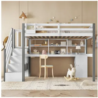 Merax Hochbett (1-St) Etagenbett Kinderbett 90x200cm mit Schreibtisch, Regal und Treppe weiß