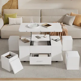 Couchtisch Höhenverstellbar Mit Stauraum Und 4 Hockern Okmyhome