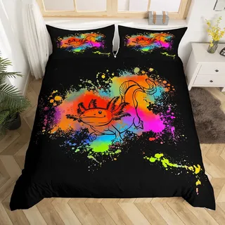 Homewish Axolotl Bettwäsche Set 135x200 Cartoon Tier Tröster Bezug Krawatte Dye Stil Bettbezug für Jungen Mädchen Kinder,Aquarell Regenbogen Quilt Cover mit 1 Kissenbezug, Reißverschluss Verschluss