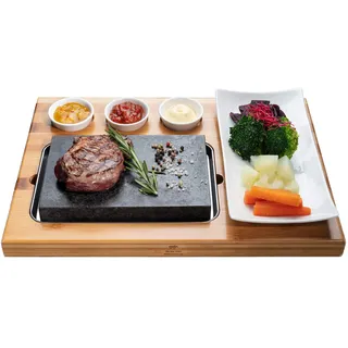 BEEFSTONE Heißer Stein Lavastein Steak-Brett Hot Stone Steingrill Set aus Bambusbrett Lavastone, Porzellan-Platte und Edelstahl Unterlegplatte, Fleisch, Fisch grillen auf heißem Stein