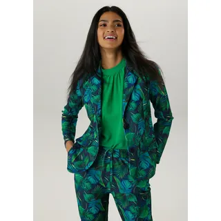 Jerseyblazer ANISTON SELECTED, Damen, Gr. 36, grün (grün, gelb, hellgrün, petrol, marine, hellblau), Jersey, Obermaterial: 95% Polyester, 5% Elasthan, gemustert, bedruckt, elegant, figurbetont hüftlang, Langarm, Blazer, mit großflächigem und abstraktem Blättermuster