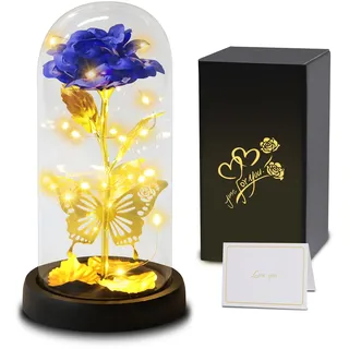Touloube Geschenke für Frauen zum Muttertag, Die Schöne und das Biest Rose Sparkly Galaxy Rose mit 3D Schmetterling, Ewige Rose im Glas mit Licht, Einzigartiges Geschenk für Muttertag,Jahrestag