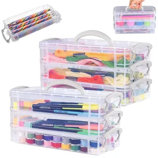 Exquilnova Stifte Organizer mit Griffen 2 Satz von 3 Tier stapelbar, Stiftebox mit Snap Deckel, Abnehmbares Sortierbox. Aufbewahrung von Schreibwaren, Pinsel, Bastelmaterial und Kleinteile