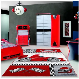 Ayyildiz Teppiche Kinderteppich Kids 460, rechteckig, Höhe: 12 mm, Kurzflor, Motiv Rennwagen, Auto, Spielteppich rot 80 cm x 150 cm x 12 mm