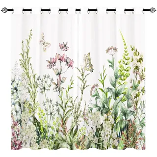 YUANZU Blumen Vorhänge Bunte Border Kräuter und Schmetterling Ösen Gardinen mit Blickdichte Thermo Vorhang Kälteschutz Blackout Curtain Mädchenzimmer Verdunkelung Fenster, 2 Stück, H 160 x B 132 cm