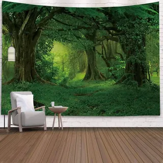 Mesnt Wandteppich Wald, Wandtuch Baum Grün Psychedelisch Dschungel, Wohnzimmer Schlafzimmer Picknickdecke Teppich Yogamatte Wanddeko (150x150cm)