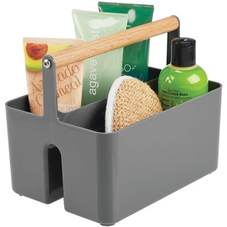 mDesign tragbarer Badezimmer Aufbewahrungsbox – Korb mit Griff zur Kosmetikaufbewahrung – Bad Organizer mit zwei Fächern – anthrazitgrau und naturbelassen