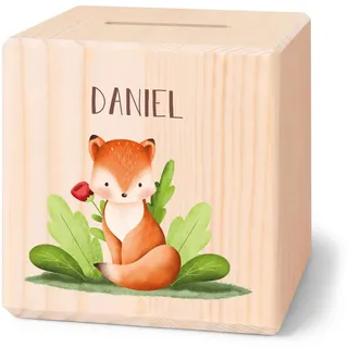 GRAVURZEILE Spardose aus Holz - Waldtiere - mit Namen personalisiert - Personalisierte Geschenke für Mädchen & Jungen zum Geburtstag Kommunion Einschulung - Geschenk für Kinder - Fuchs