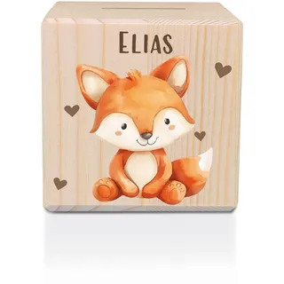 GRAVURZEILE Bedruckte Spardose aus Holz mit Metallschloss - Tiere Kinder Fuchs - Personalisiert mit Namen - Geschenk für Mädchen & Jungen Einschulung - Sparschwein für Kinder zum Schulanfang