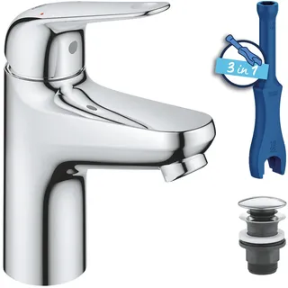 GROHE Swift, Waschtischarmatur mit Push-Open-Ablauf, 16cm hoch, 6l/min | Wasserhahn Bad mit 3in1 Werkzeug, Wassermenge & Temperatur begrenzbar, einfache Waschbecken-Montage (chrom, 24318001)