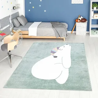 carpet city Teppich Kinderzimmer Tier-Motiv - Mint-Grün - 160x230 cm - Kinderteppich Kurzflor Bär mit Schlafmütze - Weicher Flor