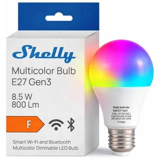 Shelly Multicolor Bulb E27 Gen3 - WLAN Smart LED Glühbirne, RGBW, 9W 800lm, 16 Millionen Farben, Farbtemperatur 2700K-6500K, Dimmbar, Sicherheitsmodus, Sprachsteuerung, Kein Hub Erforderlich
