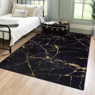 Mazovia Modern Teppich - Kurzflor Waschbar - Weich Teppich für Wohnzimmer, Schlafzimmer, Esszimmer – Teppiche Marmor Abstrakt Muster - Schwarz Gold 80 x 200 cm