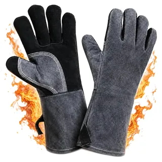 OZERO Grillhandschuhe Leder Hitzebeständig 350 °C EN407, 35,5 cm Stulpe