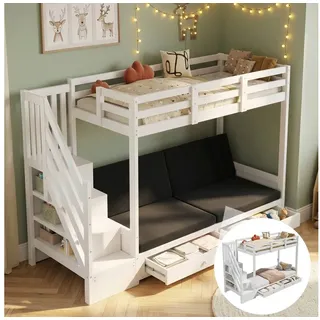 Flieks Etagenbett, Kinderbett 90x200cm mit vestellbarem Sofa 2 Schubladen Stauraumtreppe weiß