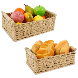 2 Stück Aufbewahrungskorb Geflochten, Dekokorb aus Wasserhyazinthe mit Holzgriffen Korb AufbewahrungStapelbare Körbchen Boho Deko aus Papierseil für Wohnzimmer Küchen Kinderzimmer Bad Kleine Körbe(B)