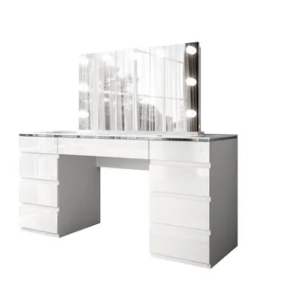 ALLHOUSE24 Schminktisch PEONY Silber weiß Hochglanz mit Spiegel Beleuchtung Kosmetiktisch (1x Schreibtisch, 1x Spiegel mit 9 LED Lampen), Breite 156,8 cm weiß