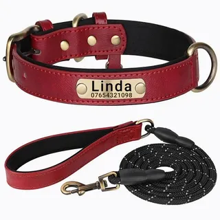 SEOUGEE Hundehalsband aus echtem Leder, personalisiert, und Leinen-Set, weich gepolsterte Leder-Hundehalsbänder, strapazierfähig mit individuell graviertem Namensschild für kleine, mittelgroße und