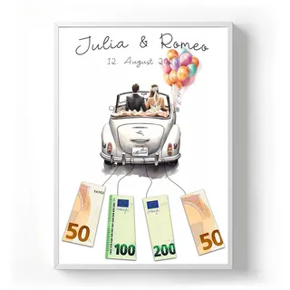 codiarts. Personalisiertes Geldgeschenk Poster – optional mit Rahmen – Gastgeschenk Hochzeit mit Namen und Datum – Hochzeitsgeschenk für Brautpaar (Auto 4, DIN A4)