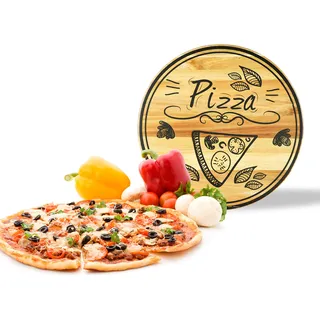 Sendez Pizzateller mit Pizza-Motiv aus Holz ø30cm drehbar Holzteller Drehplatte Drehteller Käseteller Speiseteller Holz