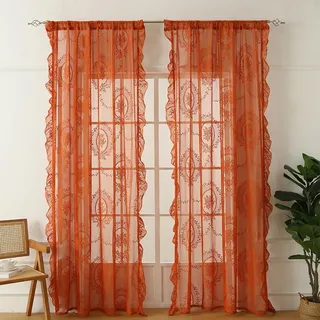 Französische Gardinen Landhaus Barock Rosemuster Transparent Spitzenvorhang | Orange Spitzengardinen Vintage Kurz Durchsichtig Vorhang für Schlafzimmer Wohnzimmer 2 Stück 140x100